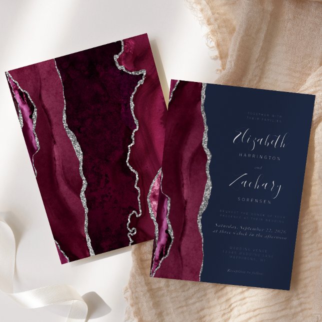 Modern Burgundy Red Silver Agate Navy Blue Wedding Foil Invitation (Creator Uploaded)