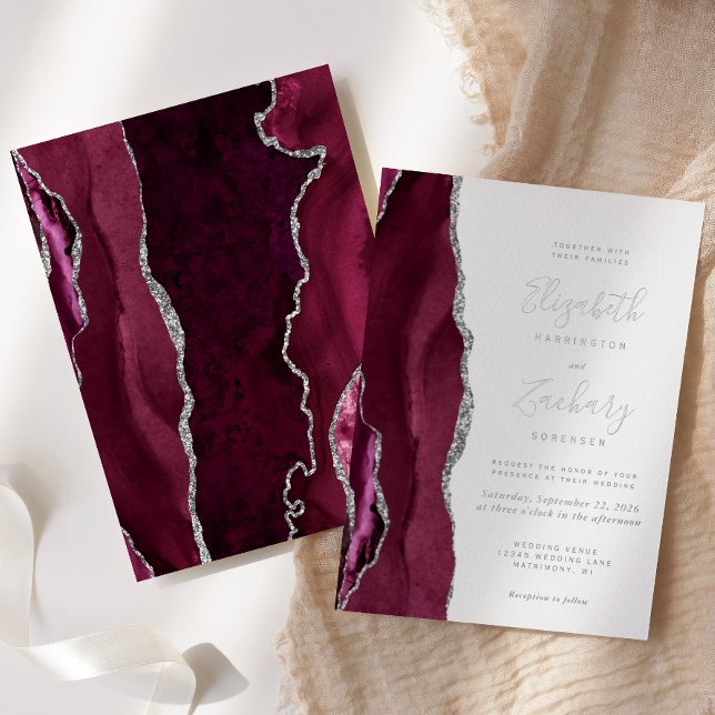 Modern Burgundy Red Silver Agate Wedding Foil Invitation (Creator Uploaded)