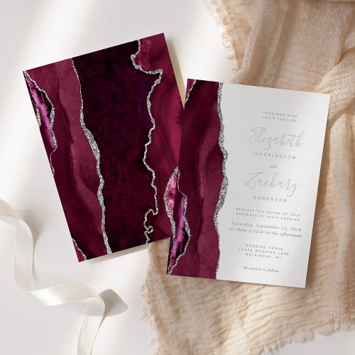 Modern Burgundy Red Silver Agate Wedding Foil Invitation