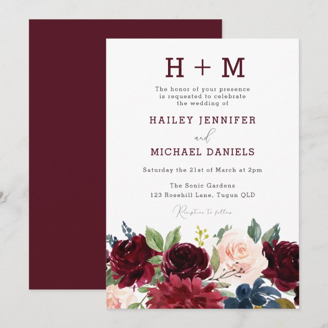 Modern Burgundy Red Watercolor Monogram Wedding Invitation (Front/Back)