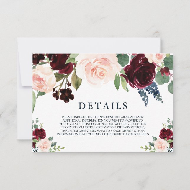 Modern Burgundy Red Wine Navy Wedding Details Card (Front)