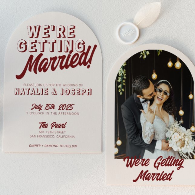 Modern Burgundy Retro Bold Arched Unique Wedding Invitation (Creator Uploaded)