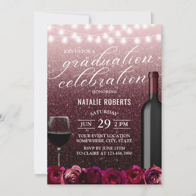 Modern Burgundy & Rose Gold Floral Wine Graduation Invitation (Front)