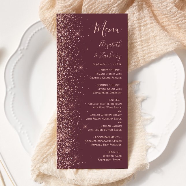 Modern Burgundy Rose Gold Glitter Edge Wedding Menu (Creator Uploaded)