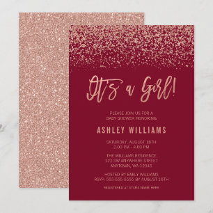 Modern Burgundy Rose Gold Glitter Girl Baby Shower Invitation