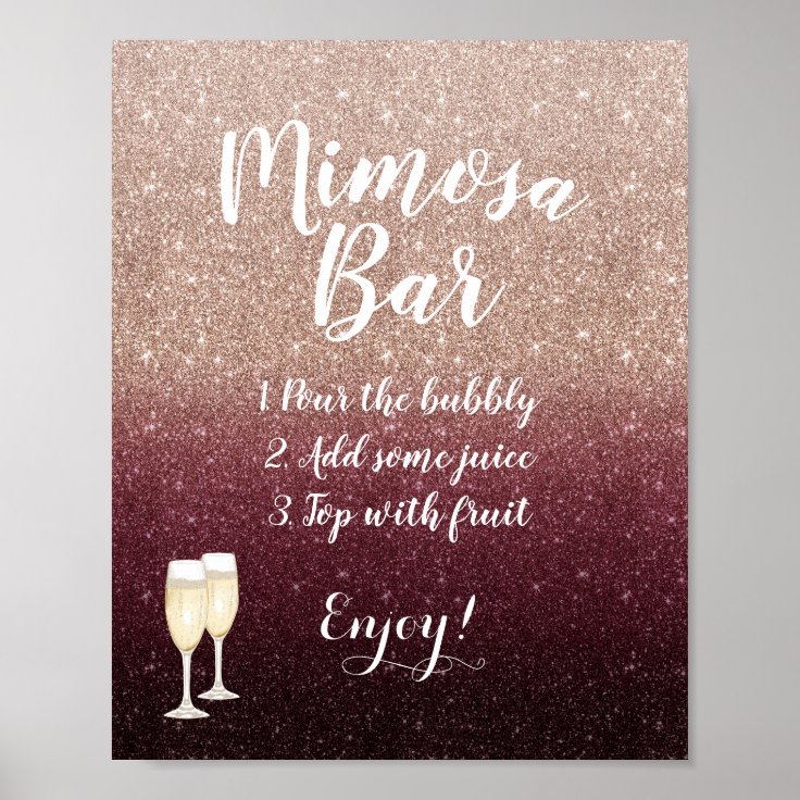 Modern Burgundy Rose Gold Glitter Mimosa Bar Sign | Zazzle
