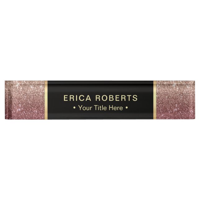 Modern Burgundy & Rose Gold Glitter Ombre Desk Name Plate (Front)