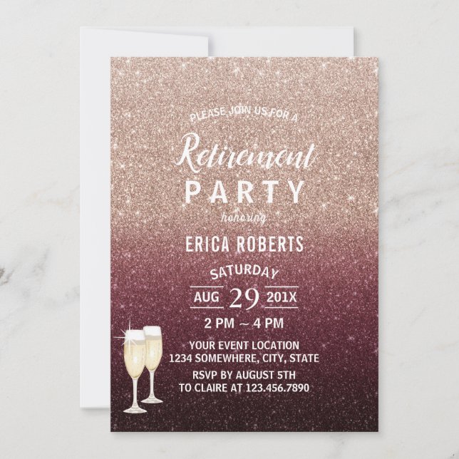 Modern Burgundy Rose Gold Glitter Retirement Party Invitation (Front)