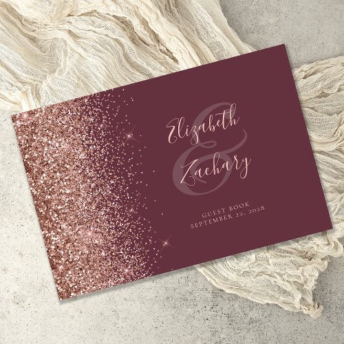 Modern Burgundy Rose Gold Glitter Script Guest Book