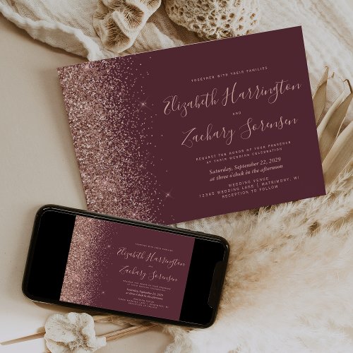 Modern Burgundy Rose Gold Glitter Wedding Invitation