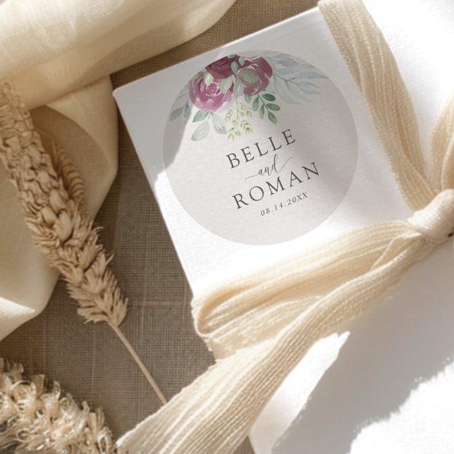 Modern Burgundy Rose Watercolor Wedding   Classic Round Sticker (Creator Uploaded)