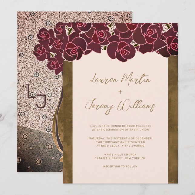 Modern Burgundy Roses in Vase Pink Floral Wedding Invitation (Front/Back)