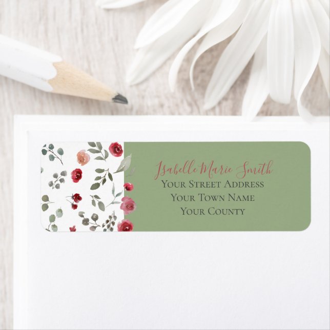 Modern Burgundy Roses Sage Green Foliage Wedding   Label (Insitu)