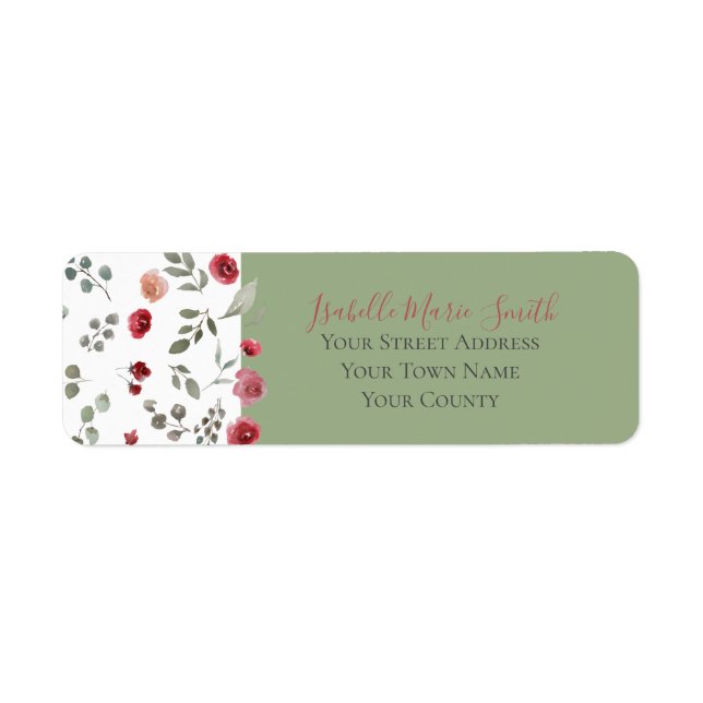 Modern Burgundy Roses Sage Green Foliage Wedding   Label (Front)