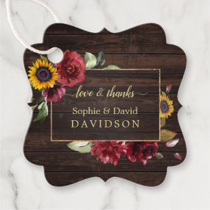 Modern Burgundy Roses Sunflower Gold Wedding Favor Tags