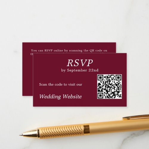 Modern  Burgundy RSVP Wedding Website QR Code  Enclosure Card