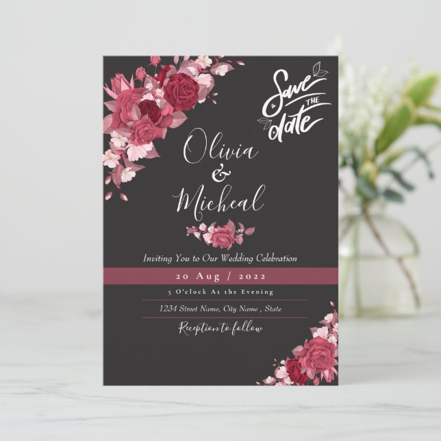 Modern Burgundy ruby wine rose typograph wedding  Invitation (Standing Front)