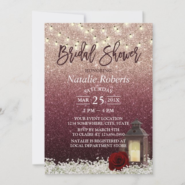 Modern Burgundy Rustic Lantern Bridal Shower Invitation (Front)