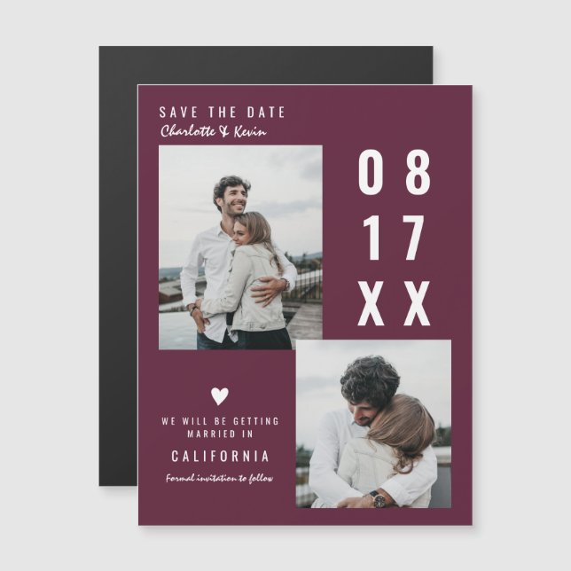 Modern burgundy save the date wedding 2 photos (Front/Back)