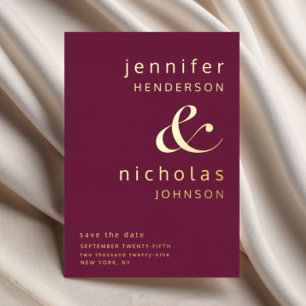 Modern Burgundy Save Wedding The Date Gold  Foil Invitation