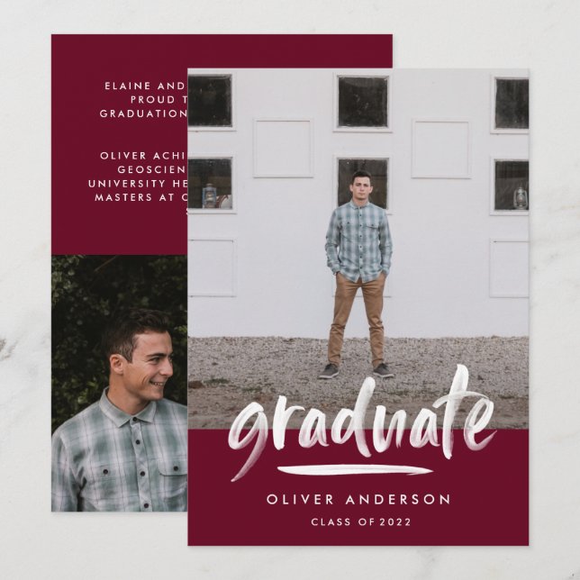 Modern burgundy script 3 photo stylish graduation invitation (Front/Back)