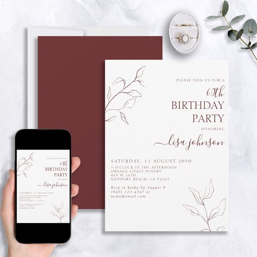 Modern Burgundy Script Botanical 60th Birthday Invitation