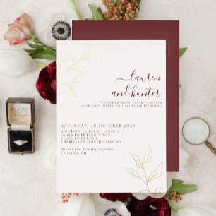 Modern Burgundy Script Botanical Wedding Gold Foil Invitation