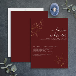 Modern Burgundy Script Botanical Wedding Gold Foil Invitation