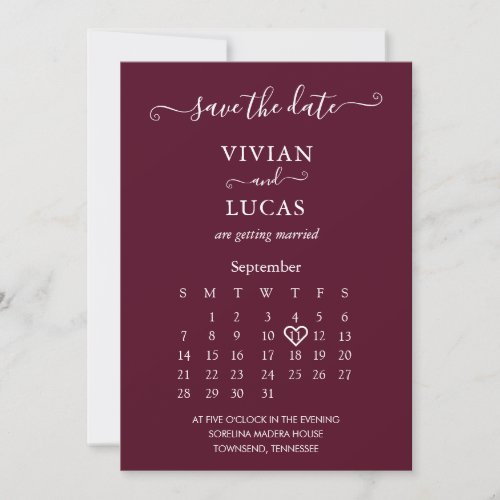 Modern Burgundy Script Calendar Save the Date Invitation