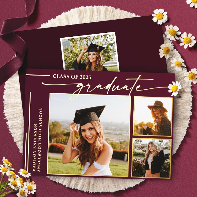 Modern Burgundy Script Graduate Photo Graduation Foil Invitation (Creator Uploaded)