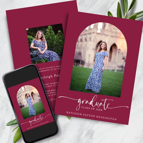 Modern Burgundy Script Graduation Arch Photo Announcement