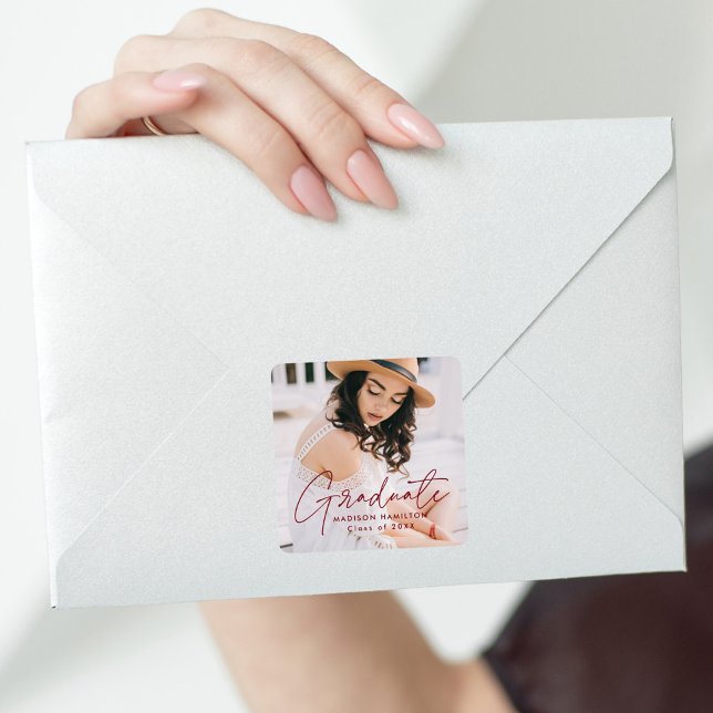 Modern Burgundy Script Graduation Photo Square Sticker (Creator Uploaded)