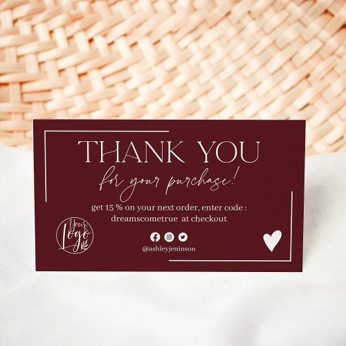 Modern burgundy script order thank you business card