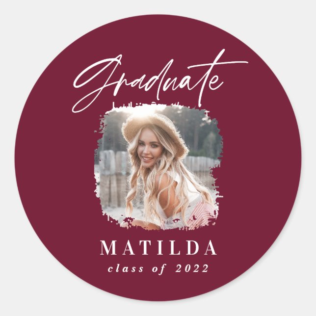 Modern burgundy script photo elegant graduation classic round sticker (Front)