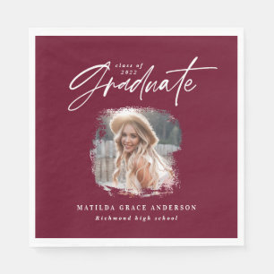 Modern burgundy script photo elegant graduation napkins