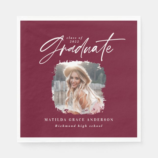 Modern burgundy script photo elegant graduation napkins (Front)