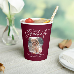 Modern burgundy script photo elegant graduation paper cups