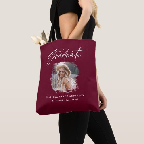 Modern burgundy script photo elegant graduation tote bag