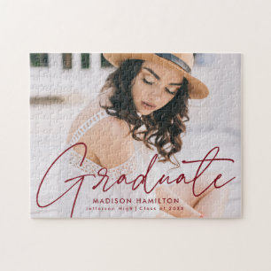 Modern Burgundy Script Photo Graduation Jigsaw Puzzle