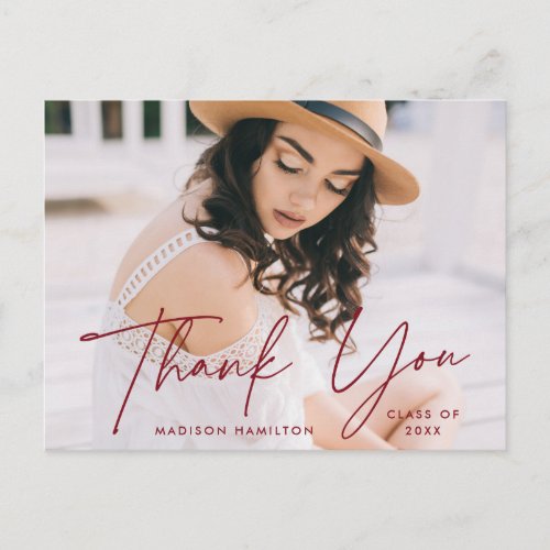 Modern Burgundy Script Photo Graduation Thank You Postcard