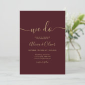 Modern burgundy script photo initials wedding invitation (Standing Front)