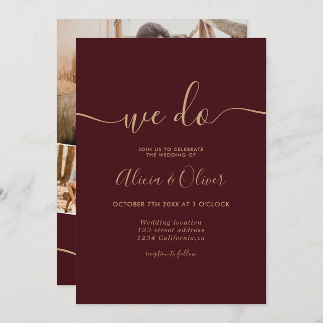 Modern burgundy script photo initials wedding invitation (Front/Back)