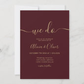 Modern burgundy script photo initials wedding invitation (Front)