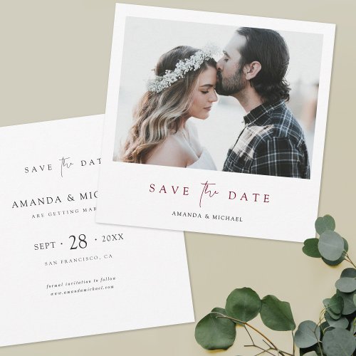 Modern Burgundy Script Photo Wedding Save the Date