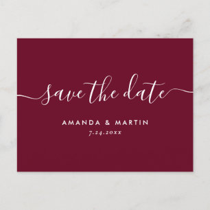 Modern Burgundy Script Wedding Save The Date Announcement Postcard