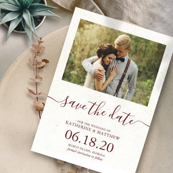 Modern Burgundy Script Wedding Save The Date Cards by heartlocked at Zazzle