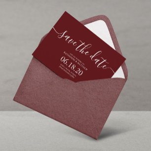 Modern Burgundy Script Wedding Save the Date Cards