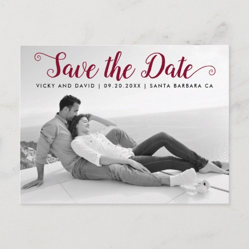 Modern burgundy script wedding Save the Date photo Postcard