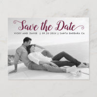 Modern burgundy script wedding Save the Date photo
