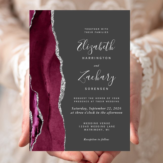 Modern Burgundy Silver Agate Charcoal Gray Wedding Invitation (Creator Uploaded)